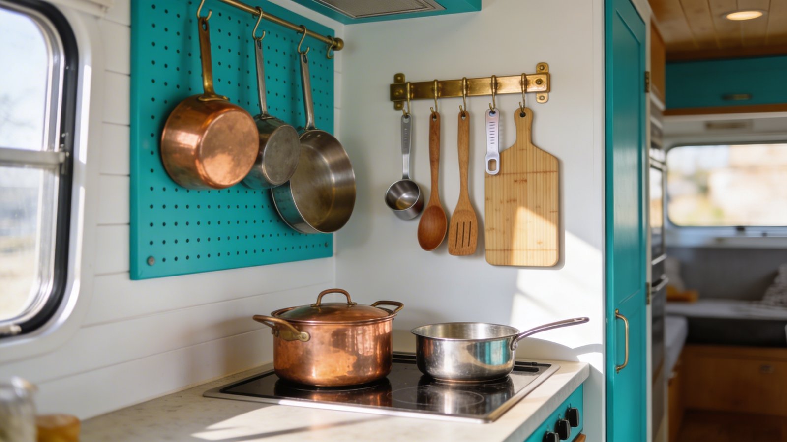A bright, modern tiny house kitchen featuring a vibrant turquoise pegboard mounted on a white wall above a compact countertop, with copper pots, stainless steel pans, wooden spoons, measuring cups, and a small bamboo cutting board artfully arranged on brass hooks and pegs, shot from a slight side angle with natural window light creating soft shadows, showcasing the organized and accessible vertical storage solution in warm, inviting tones
