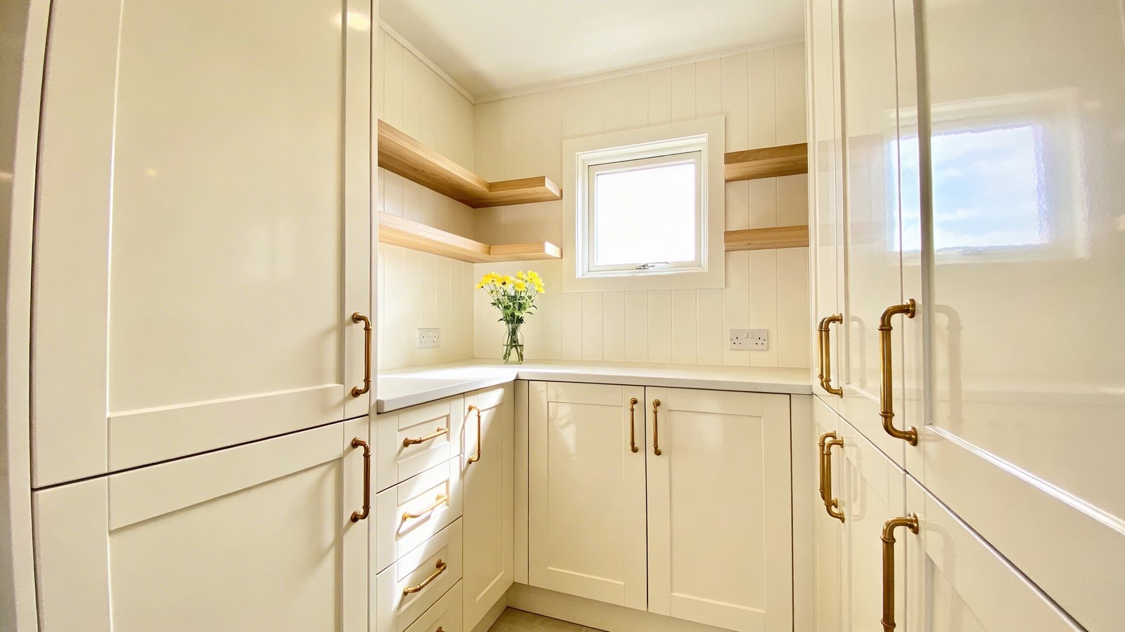 A bright, airy tiny home kitchen featuring floor-to-ceiling light cream colored shaker cabinets with warm brass hardware pulls, walls painted in matching cream tones creating a seamless monochromatic look, natural sunlight streaming through a small window illuminating the reflective surfaces, light oak wood floating shelves breaking up the cabinet space, a small vase with fresh yellow flowers on the counter adding a pop of color, shot from a corner angle showing the full height of the cabinets to emphasize the spacious feeling, professional interior photography style with soft natural lighting