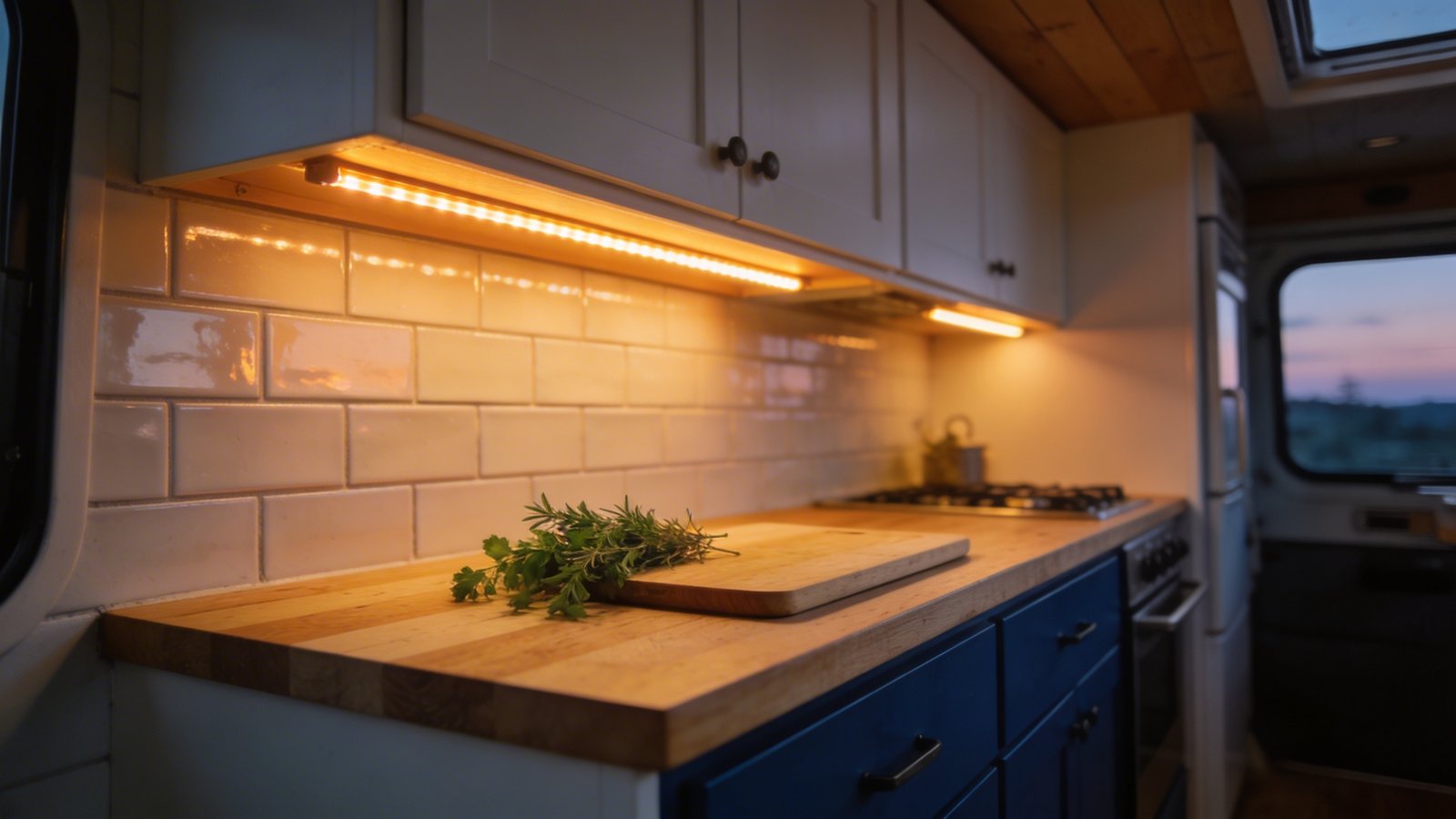 A modern tiny home kitchen photographed at dusk showing warm LED strip lighting mounted under white upper cabinets, illuminating a light wood butcher block countertop with fresh herbs and a cutting board, the under-cabinet lights creating a soft amber glow that reflects off pale subway tile backsplash, shot from a 45-degree angle focusing on the illuminated workspace, with navy blue lower cabinets visible below, creating depth and warmth in the compact cooking area
