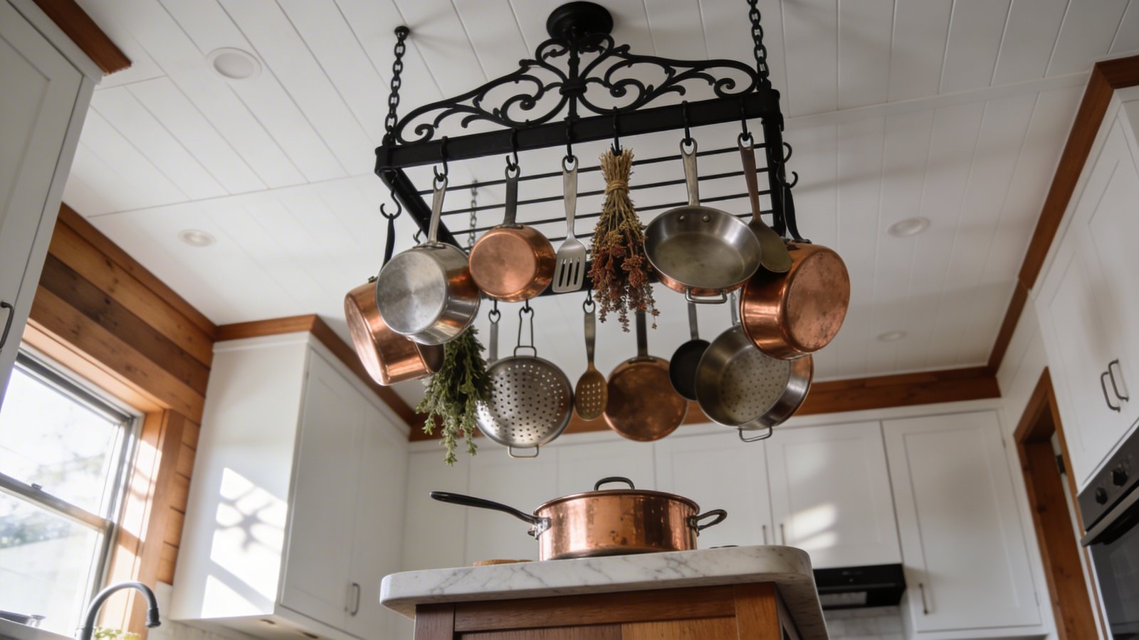 A modern tiny home kitchen photographed from a low angle looking upward, showcasing a black wrought iron pot rack suspended from white ceiling above a small marble countertop island, with an array of copper and stainless steel pots, pans, and cooking utensils hanging from S-hooks, natural light streaming through a nearby window creating subtle shadows, bundle of dried herbs and a colander visible among the cookware, warm wood accents and white cabinetry in the background, professional culinary aesthetic, photorealistic style