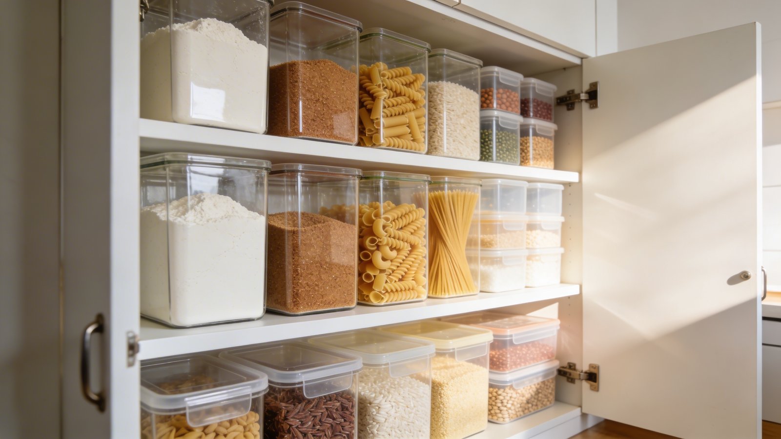 A bright, well-organized tiny kitchen pantry cabinet with the doors open, revealing multiple rows of clear square and rectangular glass and plastic containers filled with colorful pantry staples like white flour, brown sugar, various pasta shapes, rice, and grains, all neatly stacked on white shelving, with warm natural light streaming from the side creating a clean and spacious feel, shot from a slightly angled front view, modern minimalist aesthetic, professional home organization photography