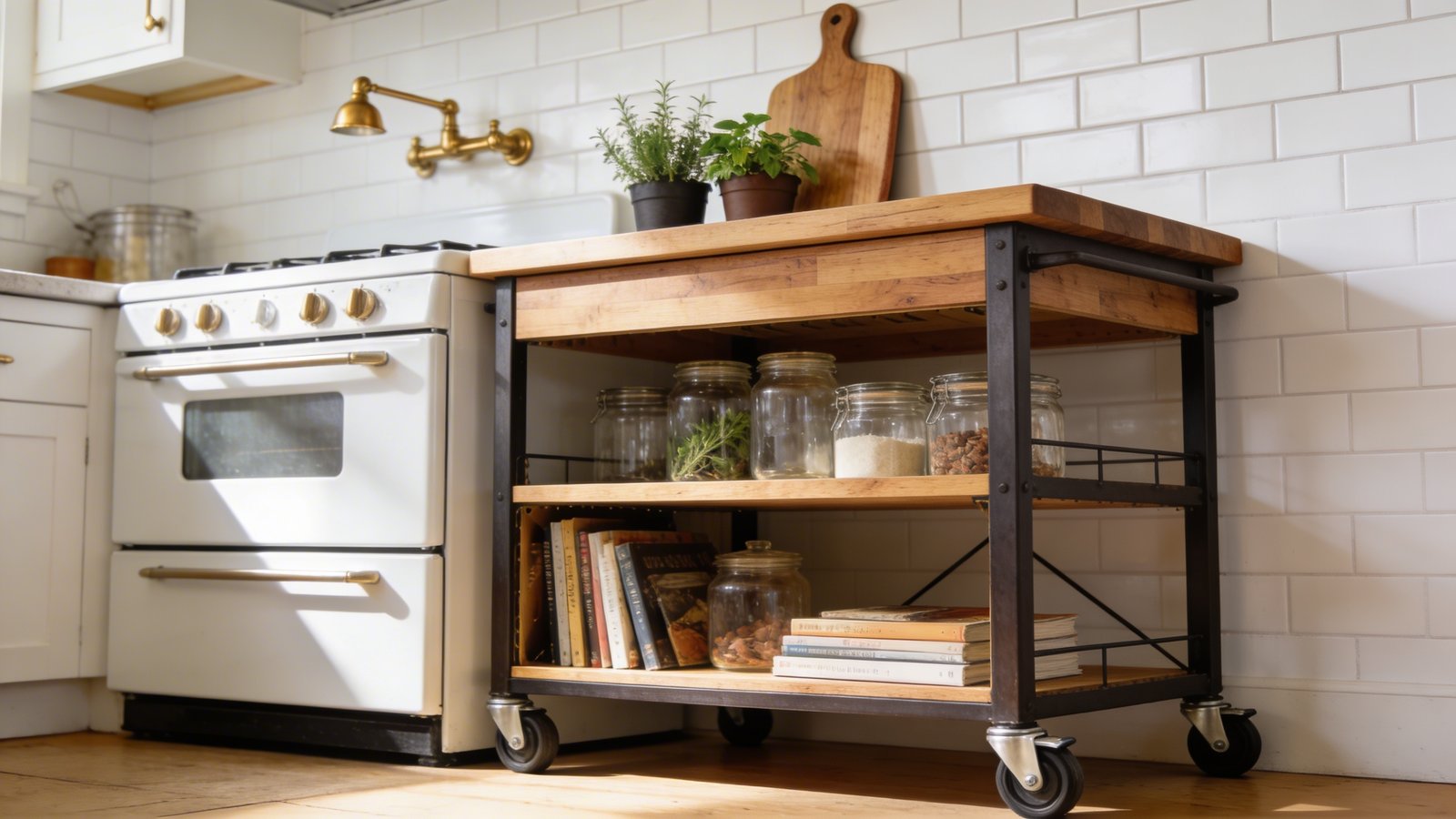 A bright modern tiny home kitchen featuring a stylish wooden butcher block rolling cart with dark metal frame positioned beside a white stove, the cart has two open shelves stocked with glass storage jars and cookbooks, locking wheels visible at the base, natural morning light streaming through a nearby window, white subway tile backsplash, potted herbs on the cart's top surface next to a wooden cutting board, shot from a 45-degree angle at counter height, warm and inviting atmosphere with brass fixtures