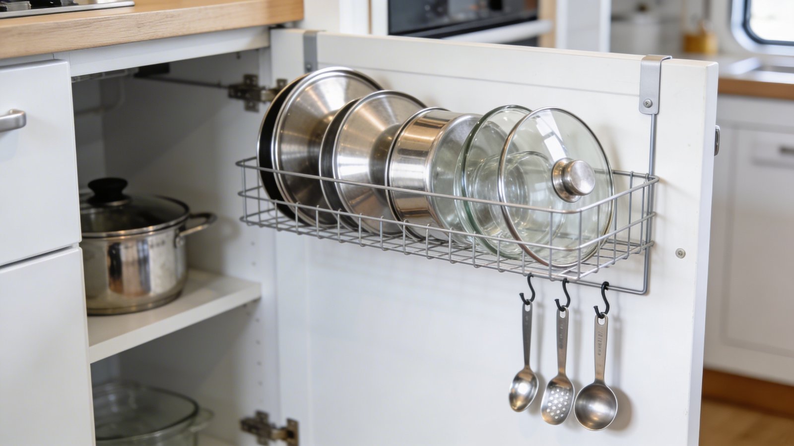 A close-up photograph of an open white kitchen cabinet door with a mounted wire rack organizer on the inside, displaying neatly arranged pot lids of various sizes in metallic silver and glass, with measuring spoons hanging from small hooks, shot from a 45-degree angle in a bright modern tiny home kitchen with natural lighting, showing the contrast between the organized door storage and the cabinet's main storage area, realistic home photography style with shallow depth of field