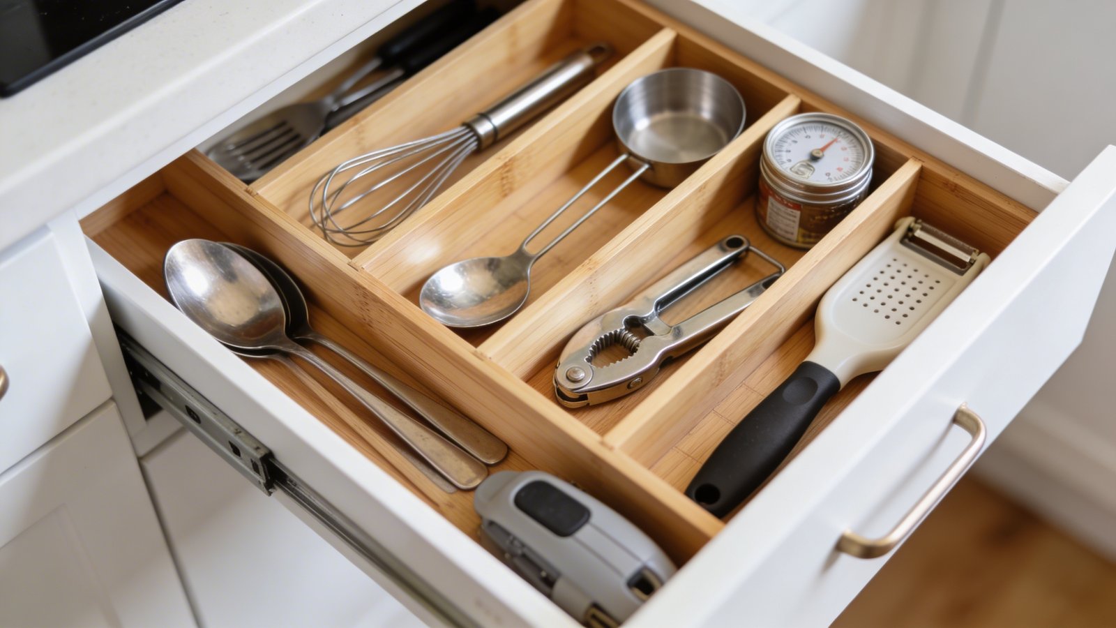 A close-up overhead photograph of an open kitchen drawer with pristine bamboo dividers creating organized compartments filled with neatly arranged cooking utensils, measuring spoons, can opener, and kitchen gadgets against a white drawer interior, shot in bright natural lighting with shallow depth of field highlighting the perfect organization in a tiny home kitchen setting