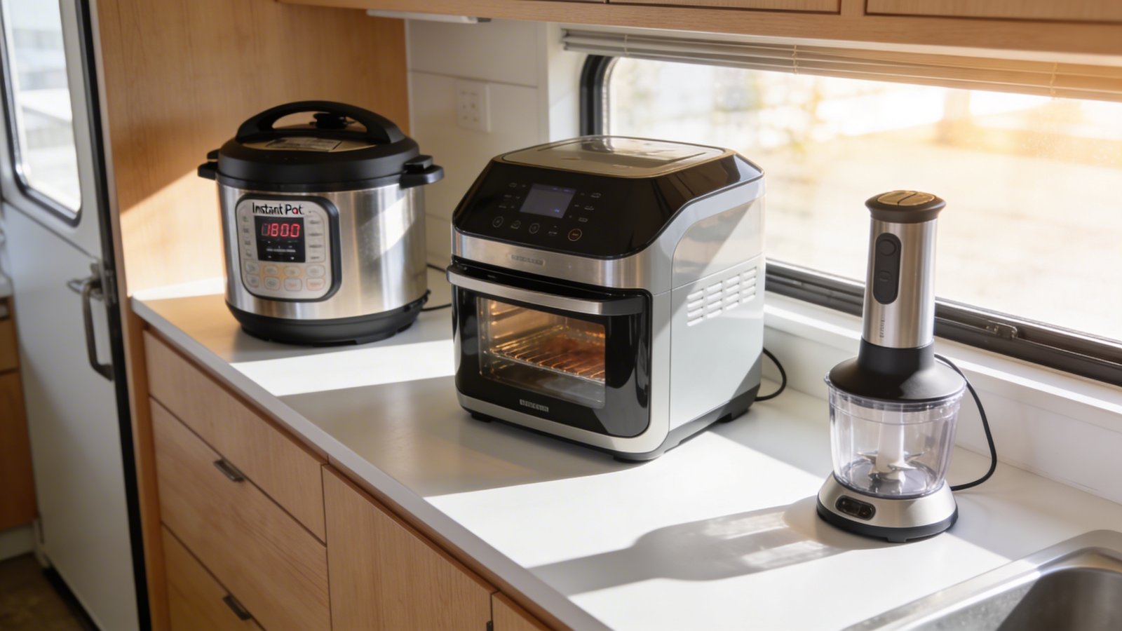A bright modern tiny home kitchen with sleek white countertops featuring three key multifunctional appliances prominently displayed: a stainless steel Instant Pot with digital display, a contemporary air fryer-toaster oven combo with glass door, and a compact immersion blender, all arranged on a minimalist counter against light wood cabinets, shot from a 45-degree angle with natural window lighting, showing the organized and uncluttered space these consolidated appliances create, warm afternoon ambiance, professional interior photography style