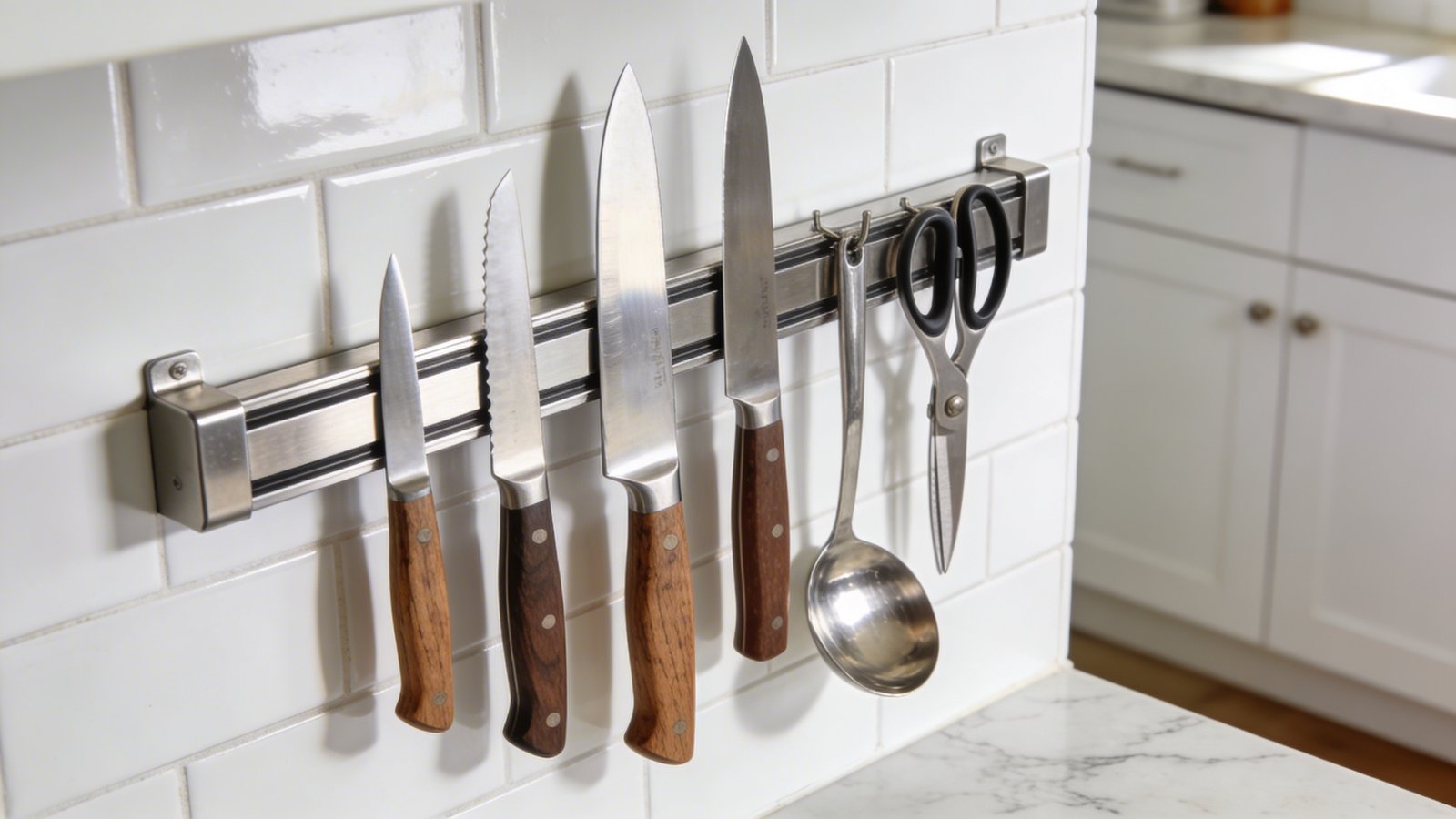A close-up photograph of a sleek stainless steel magnetic knife strip mounted on a white subway tile backsplash in a compact modern kitchen, featuring several professional chef's knives with wooden handles attached magnetically at varying angles, with a stainless steel cooking utensil and kitchen scissors also hanging from the strip, shot from a slightly angled perspective showing the reflection of natural light on the metallic surfaces, with a glimpse of white cabinetry and marble countertop below, photographed in bright, natural lighting that emphasizes the organized and space-saving design