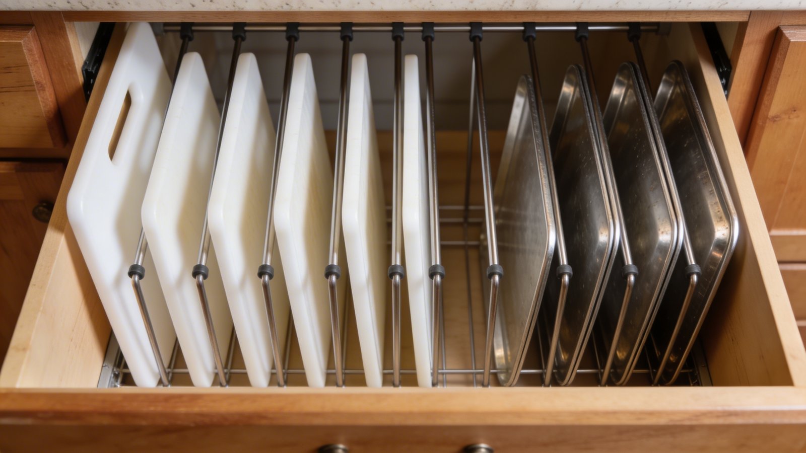 A close-up overhead view of an open kitchen cabinet interior showing tension rods installed vertically between cabinet shelves, with white cutting boards and silver baking sheets neatly stored upright in organized rows, natural wood cabinet finish, soft daylight illuminating the organized space, realistic home photography style, shallow depth of field focusing on the vertical storage solution