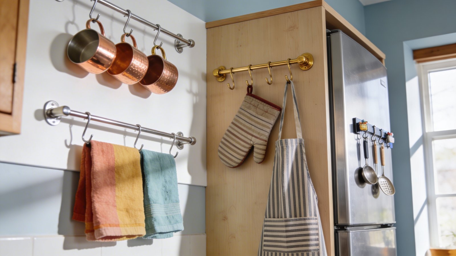 A bright and airy tiny kitchen featuring multiple chrome and brass hooks strategically mounted on various surfaces - a white wall displays hanging copper mugs and colorful dish towels, the side of a light wood cabinet shows mounted oven mitts and a striped apron, and magnetic hooks on a stainless steel refrigerator hold small utensils and measuring spoons, photographed from a 45-degree angle with natural window light creating soft shadows, modern Scandinavian aesthetic with pale blue-gray walls and warm wood accents, shallow depth of field highlighting the organized hook system.