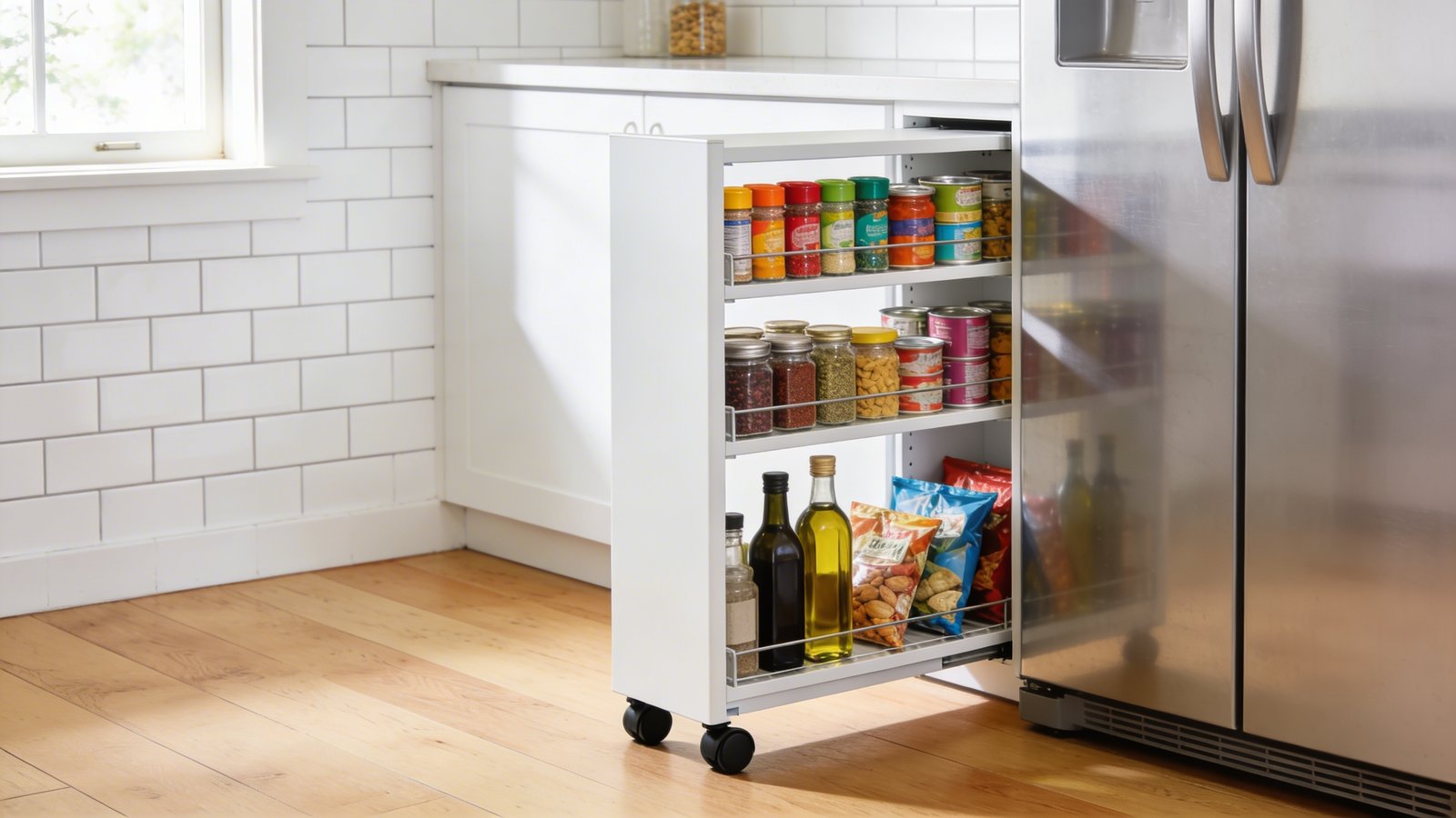 A bright modern tiny home kitchen with a sleek white slim rolling pantry pulled out from a narrow gap between a stainless steel refrigerator and the wall, showing multiple shelves stocked with colorful spice jars, canned goods, olive oil bottles, and snack packages, photographed from a three-quarter angle to show the depth of the organizer, with warm natural lighting from a nearby window, clean white subway tile backsplash, and light wood flooring visible in the frame