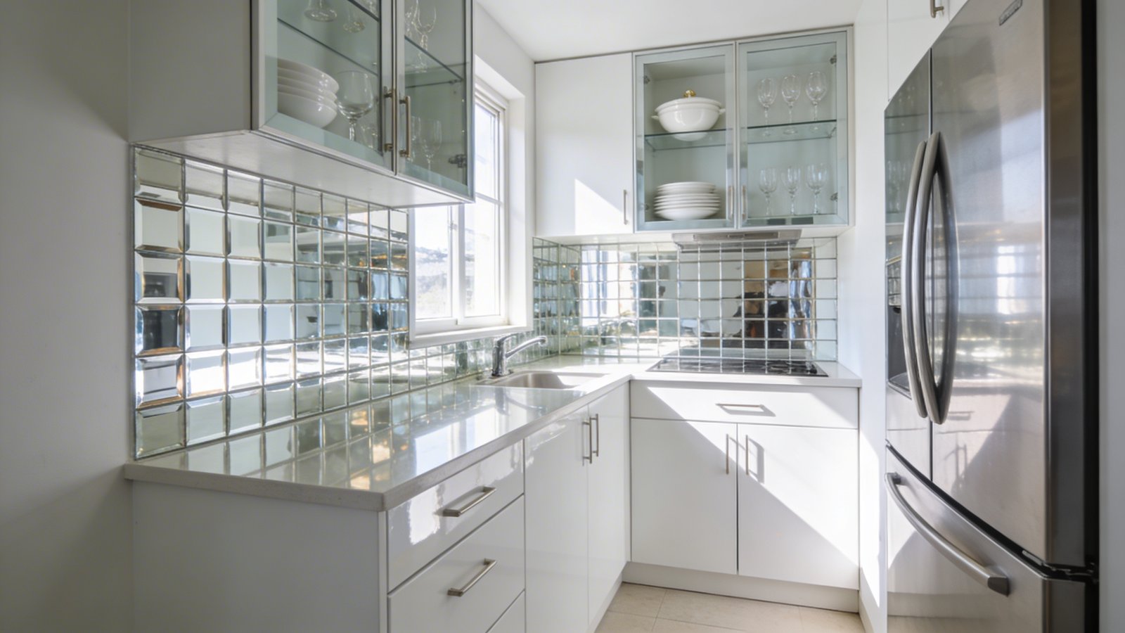 A bright, modern tiny kitchen photographed at a slight angle showcasing a stunning mirrored glass tile backsplash that reflects abundant natural light from a nearby window, glass-fronted upper cabinets displaying elegant white dishes and glassware, glossy white cabinet doors with a sheen finish, and sleek stainless steel appliances including a refrigerator, all creating multiple layers of reflection and depth in the compact space, professional interior photography with soft natural lighting, contemporary minimalist design aesthetic