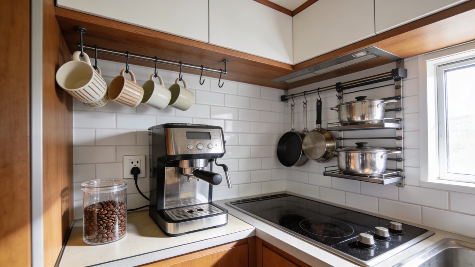 A bright overhead photograph of a well-organized tiny kitchen corner showing a dedicated coffee station with a modern espresso machine, ceramic mugs hanging on hooks, and a clear glass coffee bean canister arranged on a compact countertop near an electrical outlet, with a separate zone visible showing stainless steel pots and pans stored on magnetic strips and hooks directly beside a sleek cooktop range, natural morning light streaming through a nearby window illuminating the efficient zone-based storage layout, shot from a 45-degree angle in crisp detail with warm wood accents and white subway tile backsplash