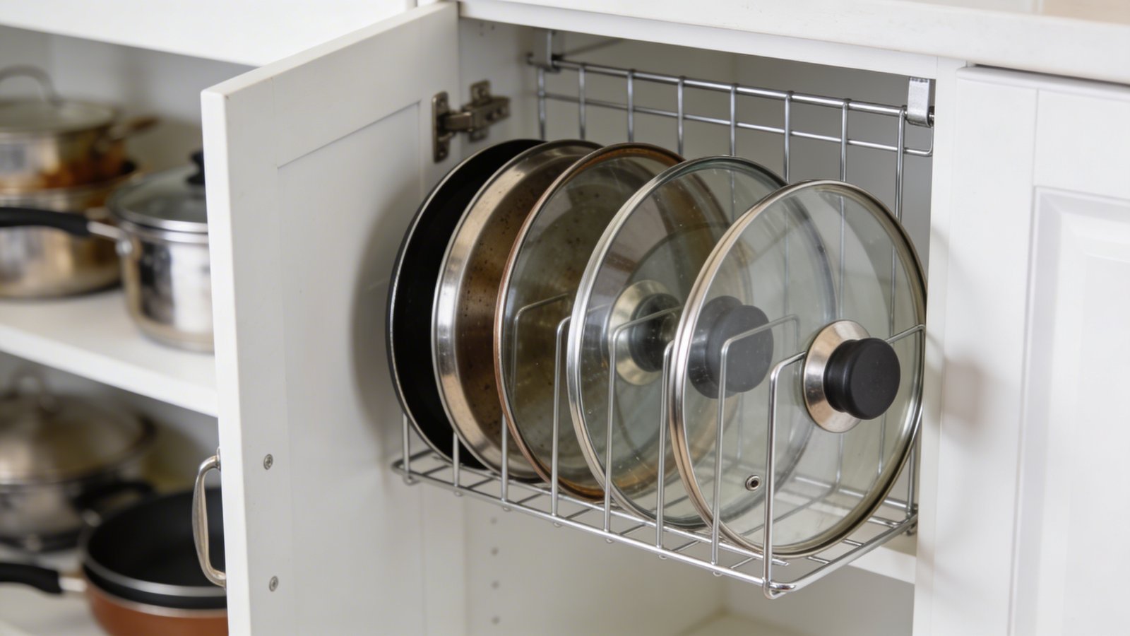 A close-up interior view of an open white kitchen cabinet door showing a chrome wire pot lid organizer mounted on the inside, holding 6-7 various sized pot lids vertically in individual slots, with the lids clearly visible and organized, shot from a slight angle showing the depth of the cabinet with blurred cookware visible on shelves in the background, bright natural lighting illuminating the organized storage solution in a compact kitchen space