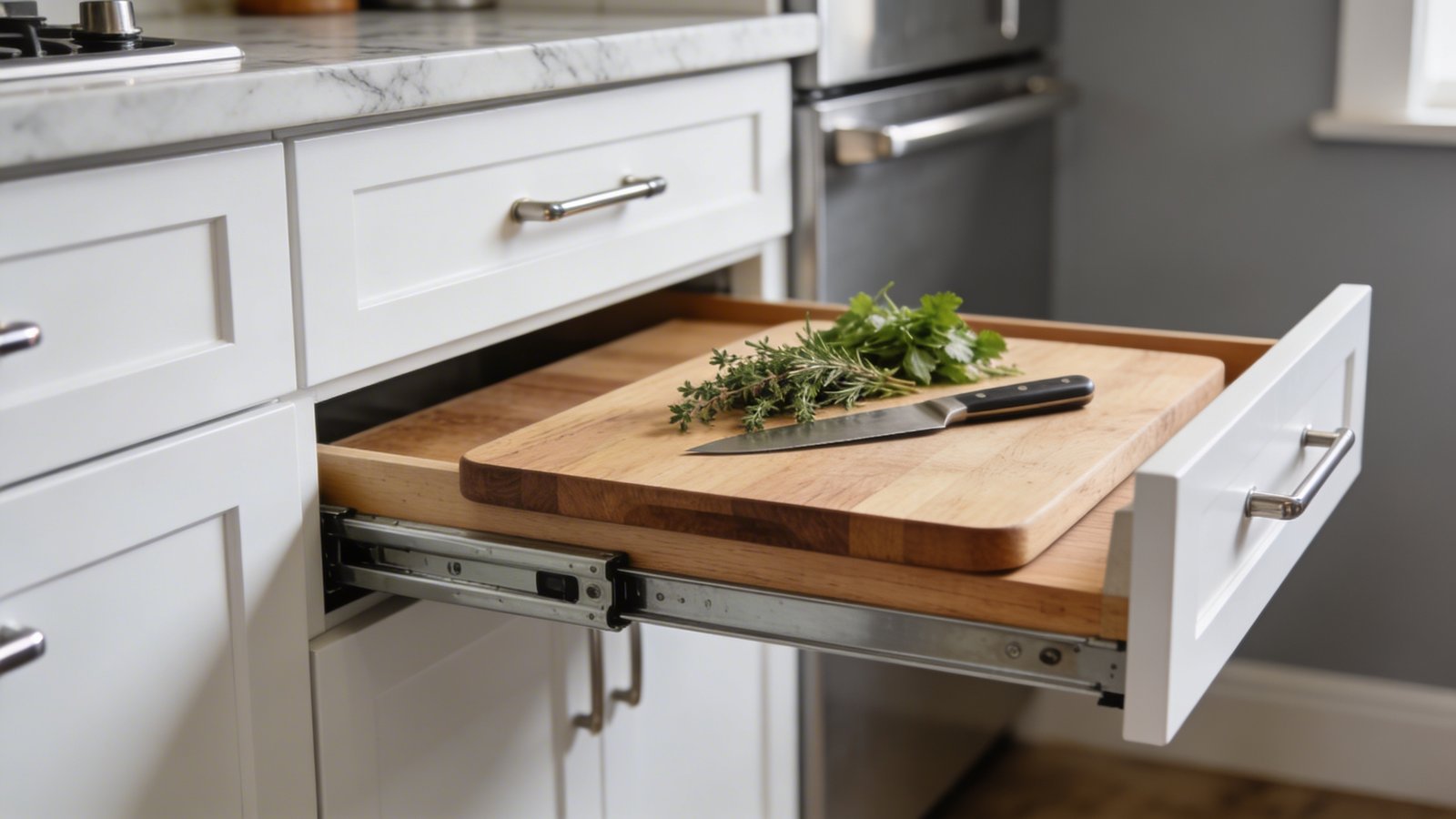 A high-quality photograph of a modern tiny kitchen showing a wooden pull-out cutting board extended from a white cabinet drawer beneath the countertop, photographed from a side angle with warm natural lighting, featuring fresh herbs and a knife on the extended board, soft gray walls, stainless steel cabinet handles, and a glimpse of marble countertop above, shallow depth of field highlighting the functional fold-out board mechanism