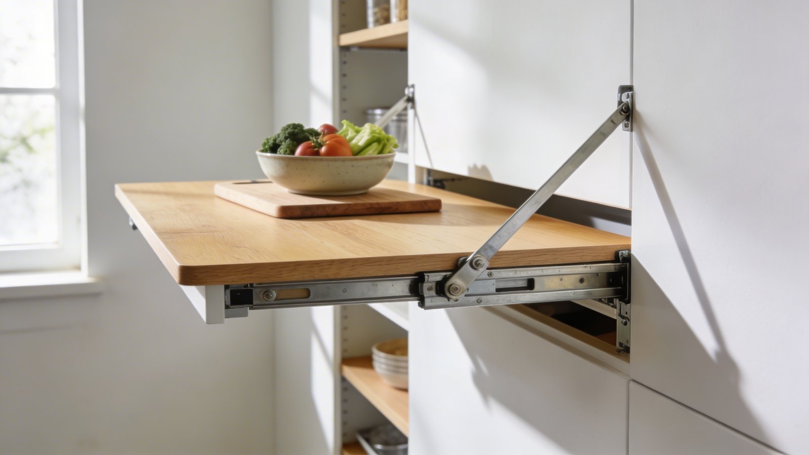 A bright modern tiny kitchen interior showcasing a blonde wood fold-down wall-mounted table in the open position extending from a white wall, with a ceramic bowl of fresh vegetables and a cutting board placed on its surface, shot from a side angle showing the metal hinges and support brackets, natural sunlight streaming through a nearby window creating soft shadows, minimalist Scandinavian design aesthetic with open shelving visible in the background, shallow depth of field focusing on the extended table mechanism