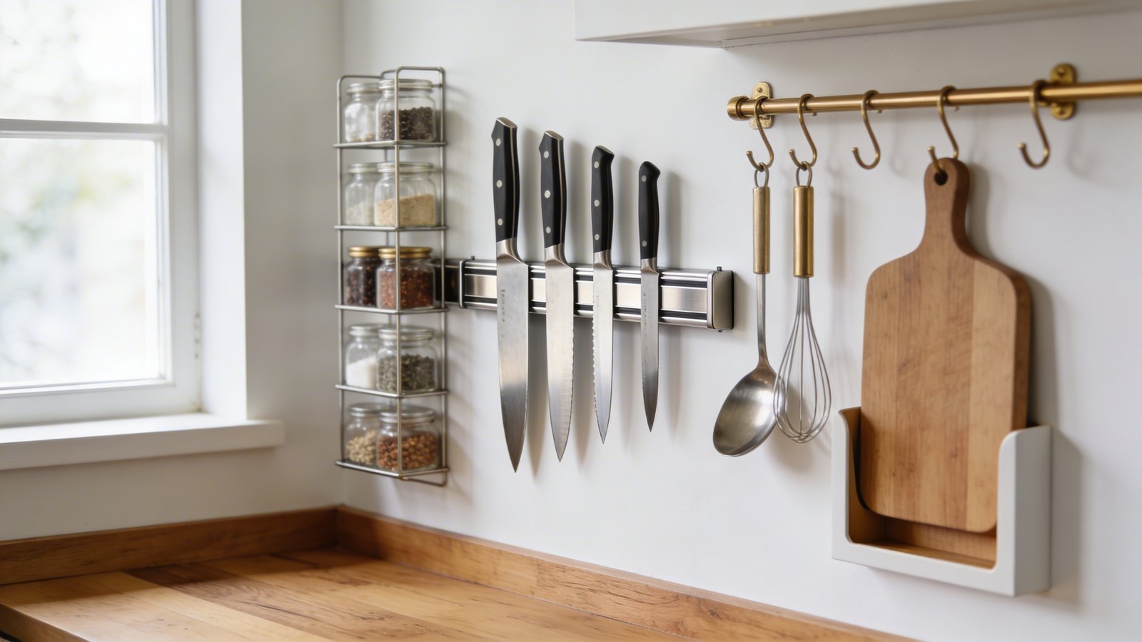 A modern tiny kitchen interior showing a sleek stainless steel magnetic knife strip mounted on a white wall with professional chef's knives displayed horizontally, surrounded by other wall-mounted solutions including a vertical spice rack with glass jars, hanging utensils on brass hooks, and a wooden cutting board in a wall slot, photographed from a side angle with natural lighting from a nearby window, shallow depth of field focusing on the magnetic knife strip, warm wood countertop visible below, minimalist Scandinavian design aesthetic with clean lines and organized functionality