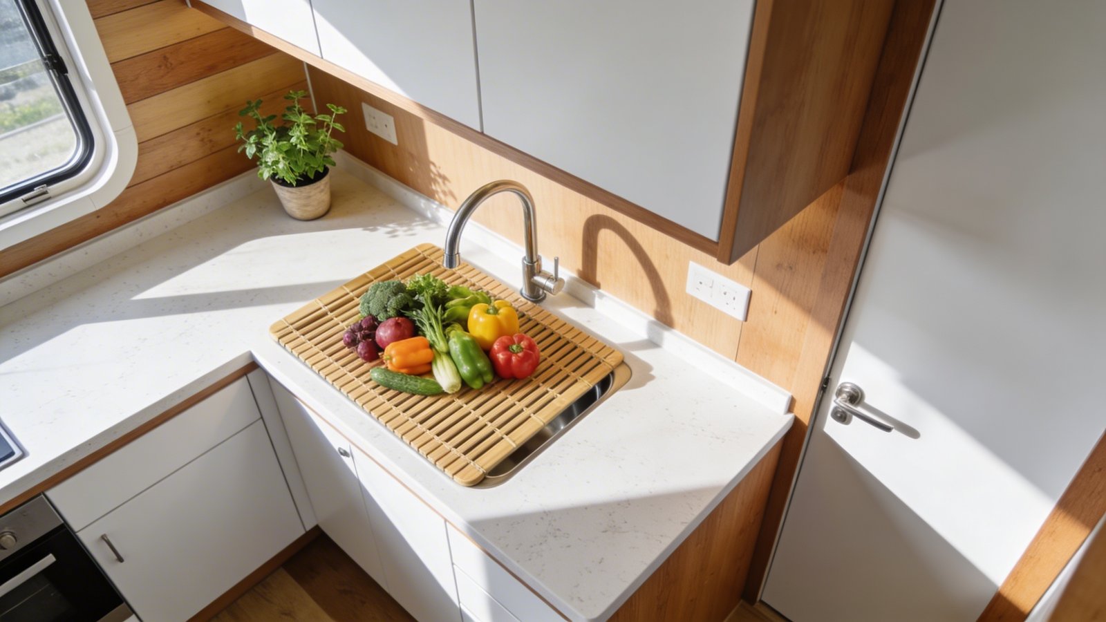 A bright, modern tiny home kitchen interior showcasing a custom bamboo sink cover being used as active counter space, with fresh colorful vegetables arranged on top for meal preparation, the covered sink seamlessly blending with white quartz countertops, a stainless steel faucet visible at the edge, natural light streaming through a nearby window creating soft shadows, shot from a 45-degree angle emphasizing the expanded workspace, Scandinavian-style white cabinets in the background, warm wood accents, and a small potted herb plant adding life to the compact functional kitchen design