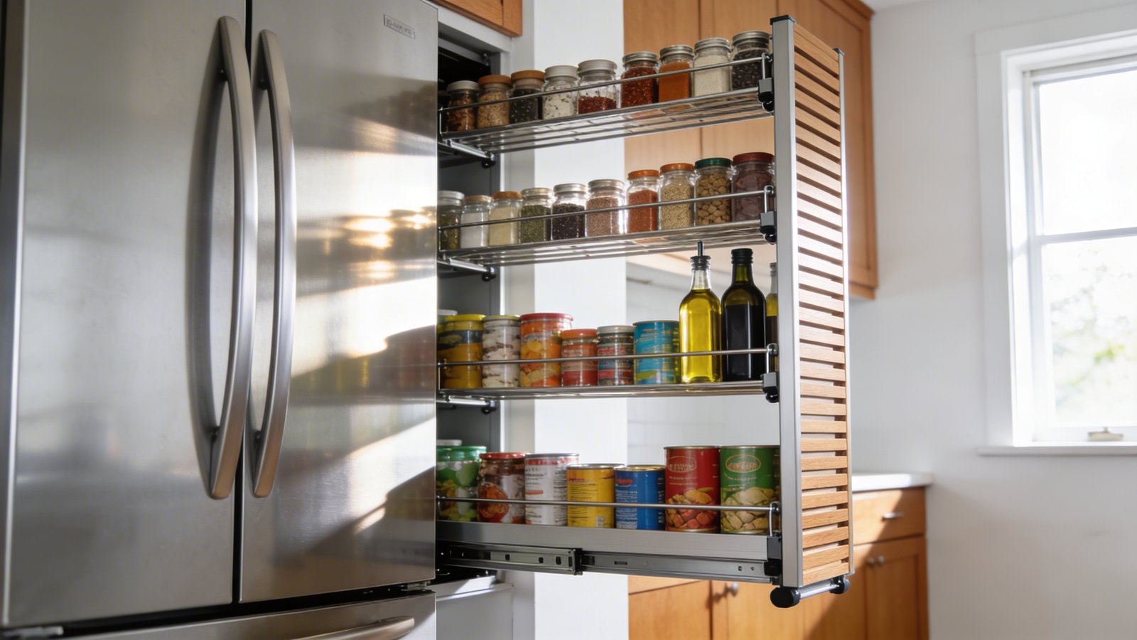 A bright, modern tiny kitchen interior photographed from a low three-quarter angle showing a sleek pull-out pantry sliding out from a narrow gap between a stainless steel refrigerator and white wall, the vertical rolling shelf unit fully extended revealing multiple tiers stocked with organized spice jars, olive oil bottles, and colorful canned goods, natural sunlight streaming from a nearby window highlighting the chrome rails and wooden slat construction, warm maple cabinetry visible in the background, shallow depth of field emphasizing the innovative space-saving storage solution