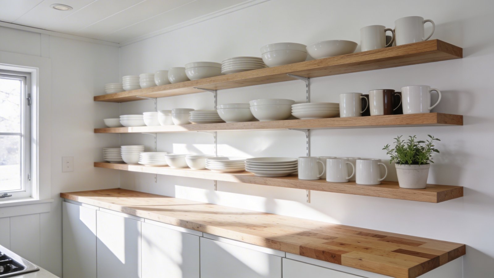 A bright modern tiny home kitchen featuring floating wooden open shelves mounted on a white wall where upper cabinets would traditionally be, displaying neatly arranged matching white ceramic dishes, bowls, and coffee mugs in an organized aesthetic pattern, with lower cabinets still intact below a butcher block countertop, shot from a side angle showing the depth and airiness the open shelving creates, natural light streaming through a nearby window creating soft shadows, small potted herbs on one shelf, the overall space feeling open and breathable with clean Scandinavian-inspired design elements