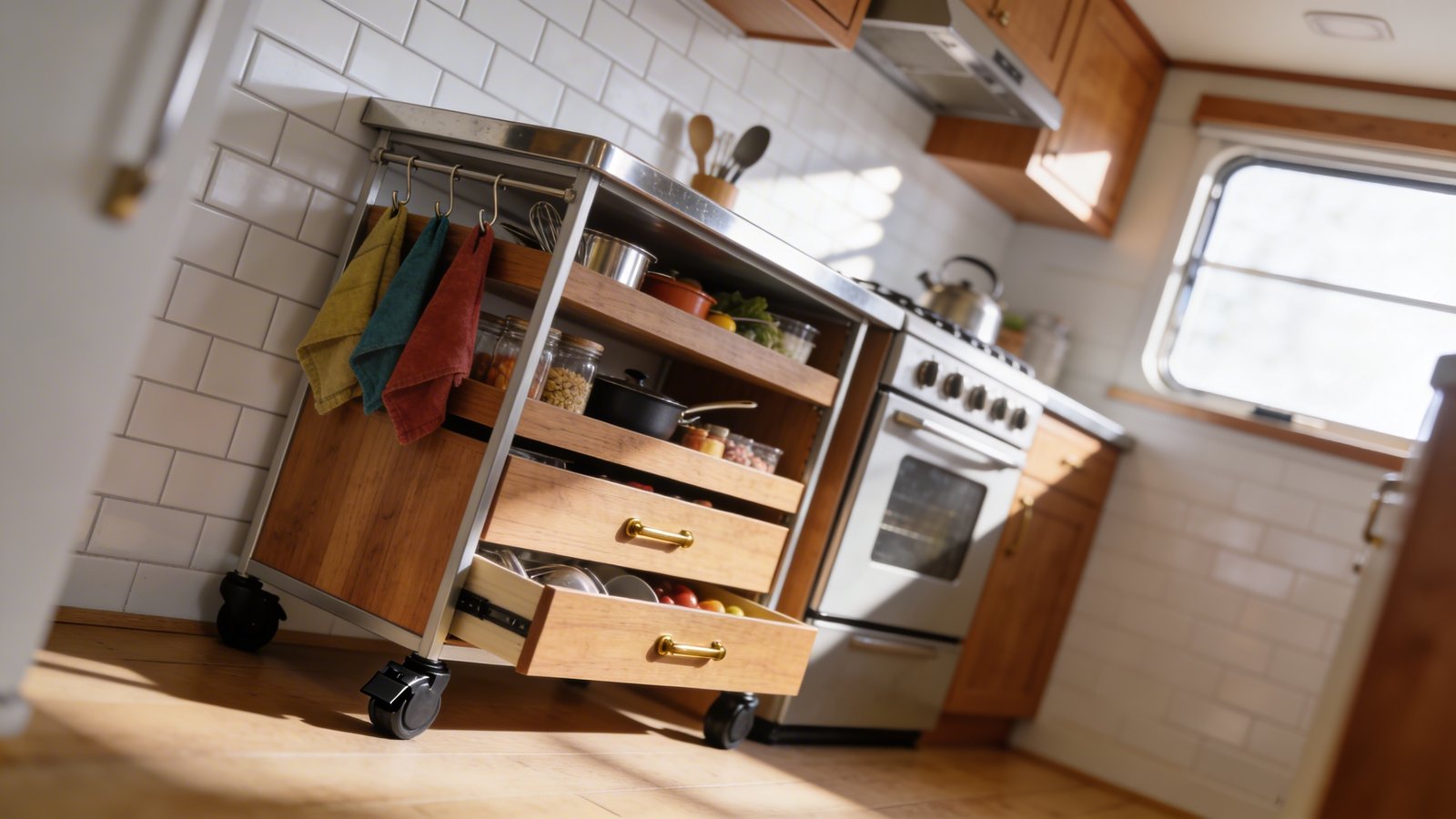 A modern rolling kitchen cart with stainless steel top positioned beside a compact stove in a bright tiny home kitchen, featuring three wooden tiers filled with cooking utensils and ingredients, pull-out drawers with brass handles, black locking wheels visible at the base, side hooks holding colorful kitchen towels, natural light streaming through a nearby window creating soft shadows, warm wood tones contrasting with white subway tile backsplash, photographed from a 45-degree angle at counter height, depth of field showing the cart in sharp focus with background slightly blurred, realistic home interior photography style
