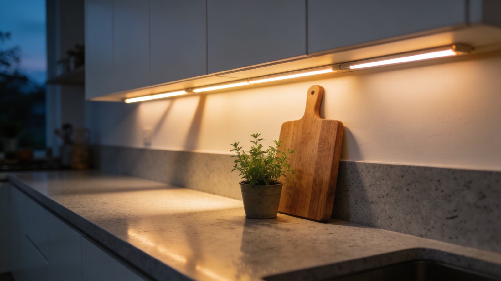 A modern tiny kitchen photographed from a low angle showing warm LED strip lights mounted underneath white wall cabinets, casting a soft glow onto light gray quartz countertops below, with the illuminated counter space displaying a wooden cutting board and small potted herb, the under-cabinet lighting eliminating shadows and creating depth, shot in evening ambiance with the LED strips as the primary light source, professional interior photography style with shallow depth of field focusing on the lit counter workspace