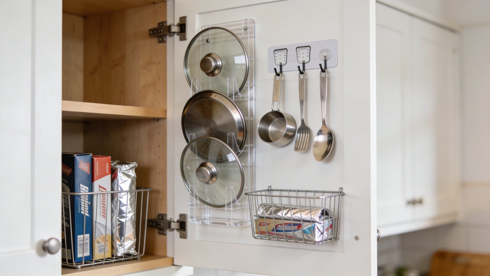 A close-up photograph of an open white cabinet door in a tiny home kitchen revealing organized storage solutions mounted on the inside, with clear acrylic racks holding pot lids vertically, adhesive hooks displaying measuring cups and spoons, and slim wire baskets containing aluminum foil and plastic wrap boxes, shot from a side angle with warm natural lighting illuminating the clever hidden storage system against light wood cabinet interiors, shallow depth of field focusing on the door-mounted organizers while showing a glimpse of cabinet shelves in soft focus
