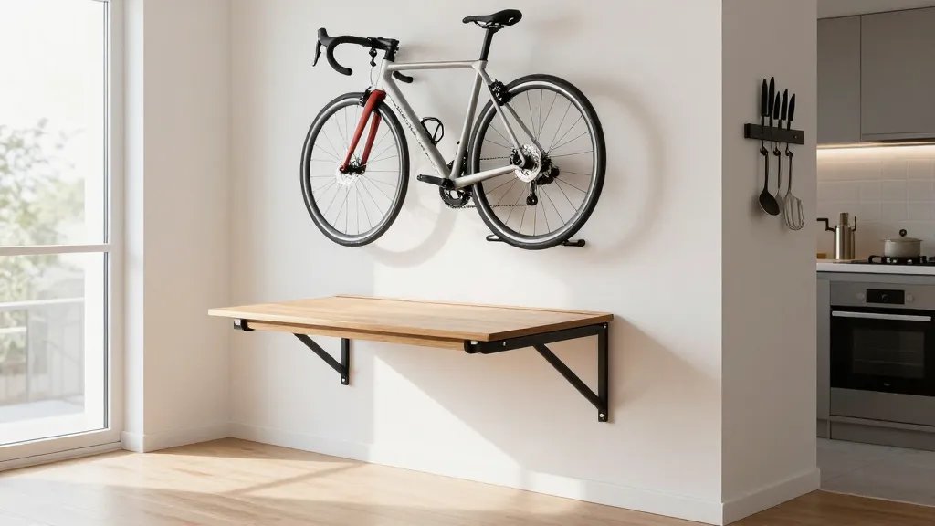 A bright, modern small apartment interior showing a sleek wall-mounted fold-down wooden desk in the up position against a white wall, with a minimalist wall-mounted bike rack holding a stylish road bike above it, magnetic knife strip with chef knives on an adjacent kitchen wall, and various kitchen utensils hanging from mounted hooks, photographed from a three-quarter angle with natural daylight streaming through a nearby window, emphasizing the clean, clutter-free floor space and vertical storage solutions in warm, inviting tones
