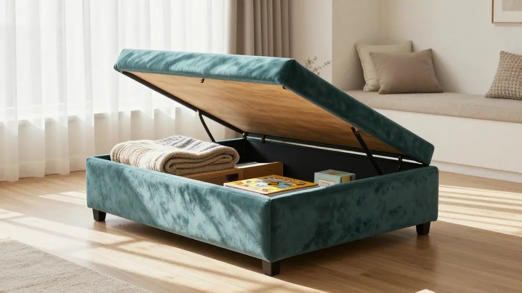 A high-quality lifestyle photograph of an elegant living room featuring an open storage ottoman as the centerpiece, shot from a 45-degree angle showing the lifted cushioned lid revealing neatly organized blankets, books, and board games inside, with a modern teal velvet upholstered ottoman against a bright Scandinavian-style room with natural sunlight streaming through sheer curtains, wooden flooring, and a cozy reading nook in the background, styled in warm neutrals and soft textures to showcase the dual-purpose furniture solution