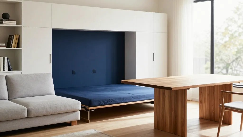 A modern, sunlit living room showcasing multi-functional furniture with a sleek Murphy bed partially folded down from a white wall unit, revealing built-in shelving with books and decor, next to a light gray convertible sofa bed with storage compartments visible underneath, and a wooden expandable dining table in the mid-ground with one extension leaf pulled out, warm natural lighting streaming through windows, contemporary minimalist interior design, shot from a 45-degree angle, professional interior photography, shallow depth of field, neutral color palette with pops of navy blue and warm wood tones