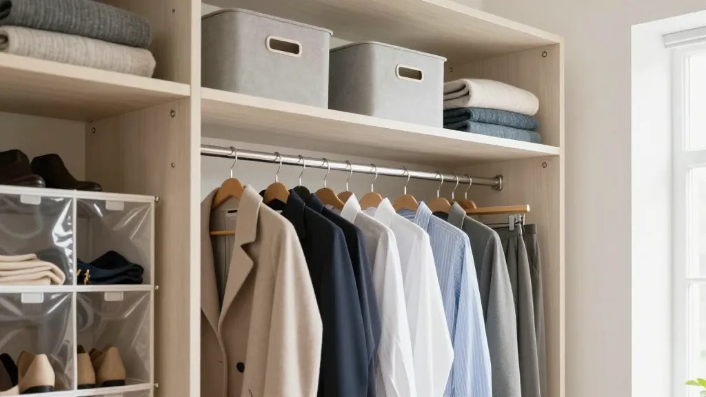 A bright, well-organized walk-in closet photographed from a side angle showing a double-rod hanging system with the upper rod holding long coats and dresses while the lower rod displays neatly hung shirts and folded pants, white floating shelves mounted above filled with labeled storage bins and folded sweaters, an over-the-door organizer visible on the left with shoes and accessories in clear pockets, soft natural lighting from the right, modern minimalist aesthetic with light wood tones and white walls, shallow depth of field highlighting the vertical storage arrangement