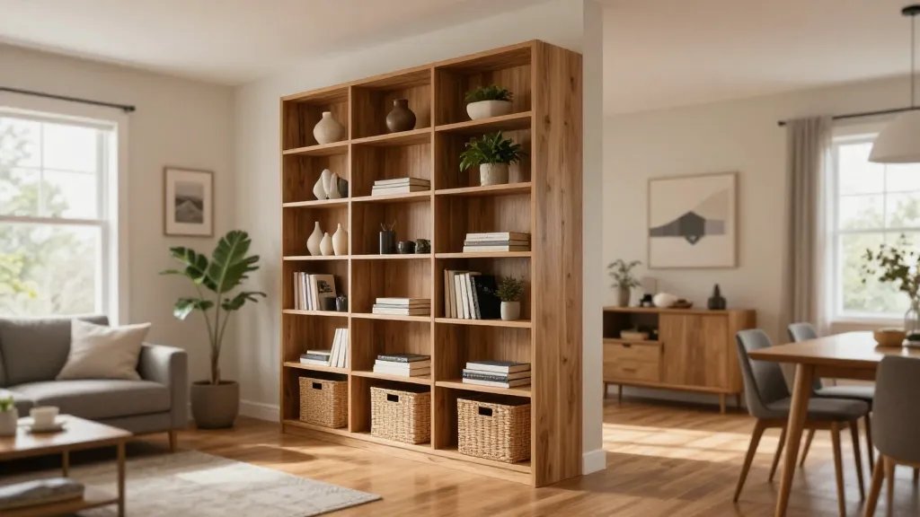 A modern open-concept living space photographed from a side angle showing a tall wooden bookshelf unit acting as a room divider between a contemporary living room and dining area, the bookshelf filled with decorative items, books, and storage baskets visible from both sides, warm natural lighting from large windows, hardwood floors, minimalist furniture including a grey sofa on one side and a wooden dining table on the other, plants on the shelves, neutral color palette with beige and natural wood tones, professional interior photography style, shallow depth of field, realistic home setting