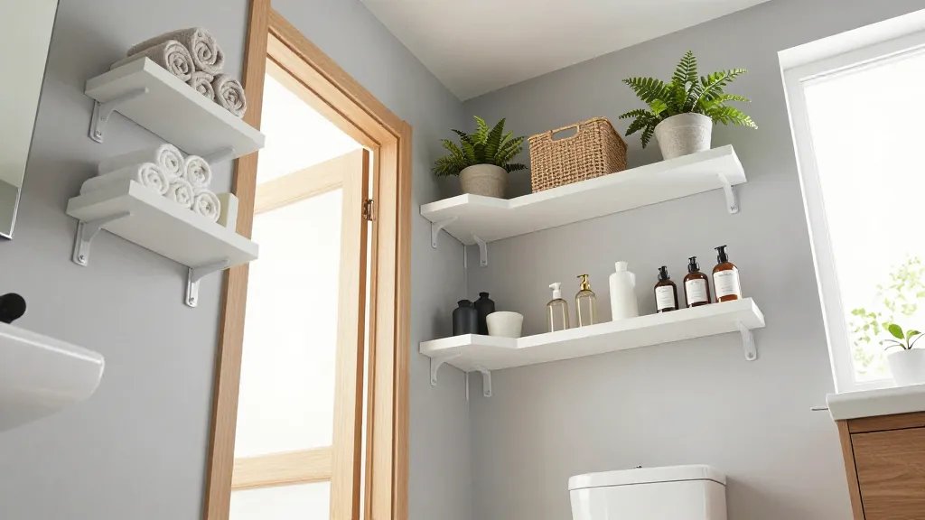 A bright, airy bathroom interior photographed from a low angle showing innovative shelving solutions in unexpected places: floating white shelves mounted above the doorframe displaying rolled towels and decorative toiletries, corner shelves near the ceiling holding plants and storage baskets, and sleek shelving positioned above the toilet with neatly organized bathroom essentials, natural light streaming through a window, modern minimalist design with light wood accents and soft gray walls, professional interior photography with shallow depth of field