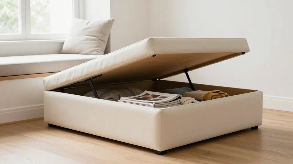 A modern minimalist living room photographed from a low angle showing a plush cream-colored storage ottoman with its top lid lifted open revealing organized hidden compartments filled with neatly folded blankets and magazines inside, with a cozy window seat bench in the background that has one cushion lifted to expose concealed storage beneath, warm natural lighting streaming through the window, clean Scandinavian interior design with light wood floors and white walls, realistic home photography style, depth of field focus on the open ottoman compartment