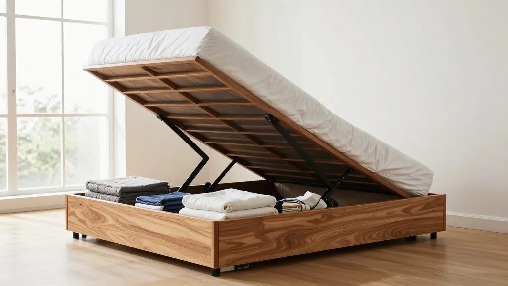 A modern platform bed with a hydraulic lift system shown from a side angle, with the mattress lifted up at approximately 45 degrees to reveal spacious storage compartments underneath filled with neatly organized blankets, folded clothes, and storage boxes, set in a bright contemporary studio apartment with minimalist decor, natural light streaming through a window, warm wood tones on the bed frame, white bedding on the mattress, and the hydraulic pistons visible supporting the lifted bed base