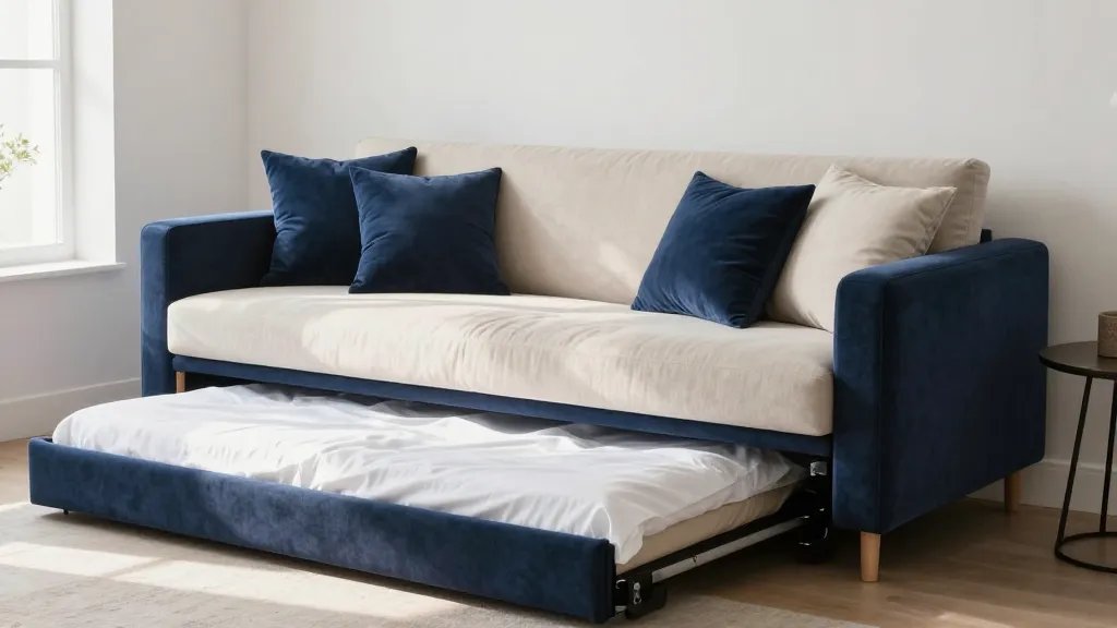 A modern daybed styled as a sophisticated sofa against a wall in a bright small apartment, featuring plush navy and cream throw pillows arranged decoratively, with a partially pulled-out trundle bed visible underneath revealing crisp white bedding, captured from a three-quarter side angle in natural afternoon lighting, showing both the elegant daytime seating setup and the hidden sleeping functionality, with minimalist decor and a small side table nearby.