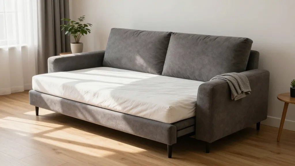 A modern living room photographed from a side angle showing an elegant mid-century style sofa in warm charcoal gray upholstery, partially converted to reveal a thick memory foam mattress with clean white bedding and plush pillows, natural afternoon sunlight streaming through nearby windows casting soft shadows, minimalist Scandinavian interior with light oak flooring, a small potted plant on a side table, and subtle details like a folded throw blanket on the armrest, demonstrating the dual functionality and comfort of a high-quality sleeper sofa in a compact urban apartment setting