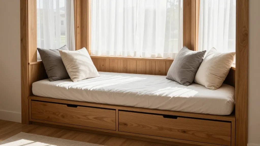A cozy built-in window seat bed nestled in a sunlit bay window alcove with crisp white cushions and a fitted mattress topper, featuring pull-out storage drawers underneath the raised wooden platform, soft grey and cream throw pillows arranged against the window frame, sheer curtains filtering natural daylight, warm honey-toned wood construction, photographed from a side angle showing both the seating area and sleeping configuration, modern minimalist style with Scandinavian influences, high-quality interior photography with natural lighting