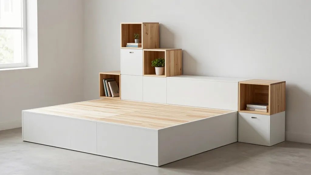 A modern bedroom showcasing a platform bed constructed from modular white and natural wood cube storage units of varying sizes, arranged in a stepped configuration with some cubes forming the bed base and others creating built-in nightstands and storage shelves, featuring open cubbies displaying books and plants alongside closed cabinet doors, shot from a three-quarter angle in a minimalist small bedroom with soft natural lighting from a side window, emphasizing the geometric stackable design and multifunctional versatility of the cube system