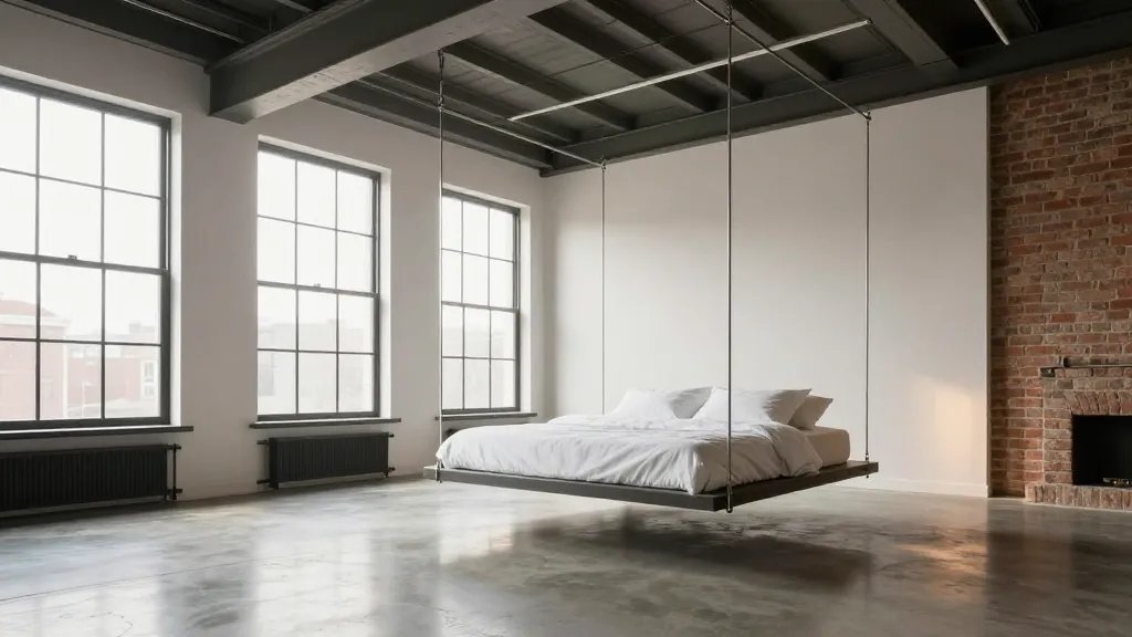 A stunning modern loft apartment interior featuring a queen-sized bed suspended from exposed industrial ceiling beams by thick stainless steel cables, the bed floating approximately 4 feet above polished concrete floors with the entire space beneath completely open and empty, dramatic natural light streaming through tall windows, minimalist Scandinavian-style white bedding, wide-angle shot from corner perspective showing the impressive height and open floor space underneath, industrial-chic aesthetic with exposed brick accent wall, warm ambient lighting, ultra-realistic architectural photography style, professional interior design magazine quality