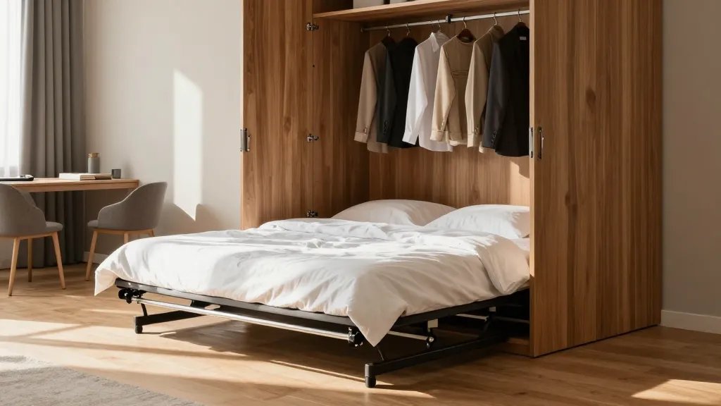 A modern studio apartment interior showing a sleek wooden wardrobe with its doors open, revealing a pull-out bed platform extending on chrome sliding tracks, photographed from a three-quarter side angle. The bed is halfway extended with crisp white linens visible, while one side still shows the wardrobe's interior organization system with hanging clothes and shelves. Warm afternoon sunlight streams through a nearby window, casting natural shadows on the light oak flooring. The surrounding living space features a small dining table and minimalist decor in neutral tones of beige and gray, emphasizing the multifunctional nature of the space. Professional interior photography style with sharp focus and realistic depth of field.