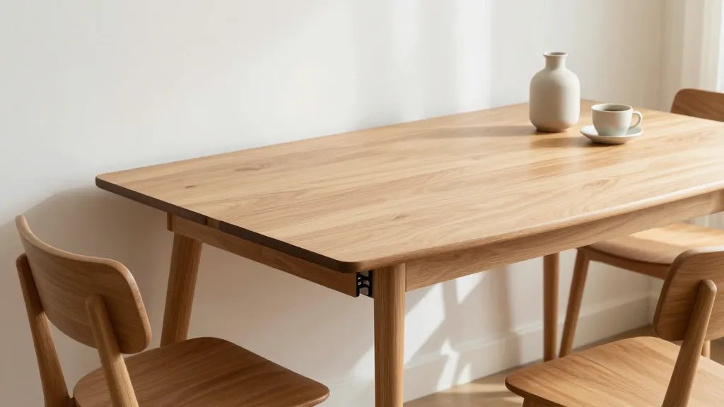 A modern drop-leaf dining table in light oak wood positioned against a white wall in a bright contemporary apartment, with one leaf folded down to show its space-saving configuration and the other leaf extended with two place settings, featuring minimalist Scandinavian-style chairs, warm natural lighting from a nearby window casting soft shadows, shallow depth of field focusing on the table's hinged mechanism, shot from a 45-degree angle to showcase both the compact and extended sides simultaneously, styled with a simple ceramic vase and coffee cup on the folded section