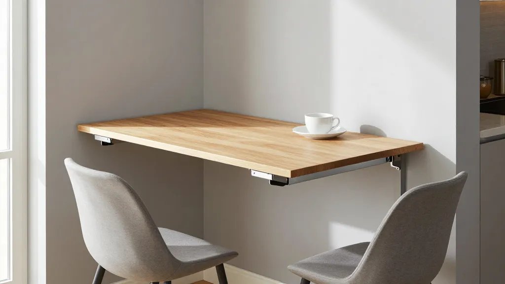 A modern wall-mounted fold-down dining table in the deployed position against a light gray wall in a compact apartment kitchen, showing the table's wooden surface perpendicular to the wall with sleek metal hinges and support brackets visible, two contemporary dining chairs tucked under the table set with simple white plates and coffee cups, warm natural lighting from a nearby window casting soft shadows, shot from a 45-degree angle to showcase both the table's functionality and its space-saving wall-mounting mechanism, Scandinavian minimalist interior design style with pale wood floors and uncluttered surroundings emphasizing the small footprint
