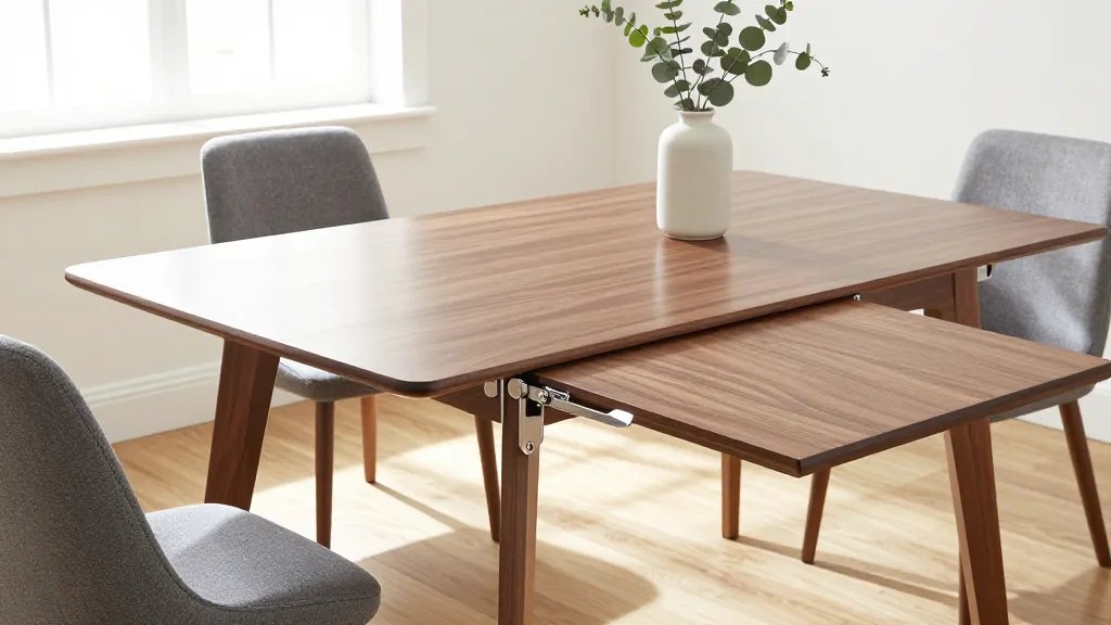 A modern walnut extendable dining table photographed from a 45-degree angle showing the table partially extended with the butterfly leaf mechanism visible in the middle, sleek chrome hardware gleaming, set in a bright Scandinavian-style dining room with white walls and natural light streaming through a nearby window, the extended portion clearly displaying the clever engineering of the self-storing leaf system, with two contemporary gray upholstered chairs on one side, hardwood flooring beneath, and a simple ceramic vase with fresh eucalyptus branches on the table surface