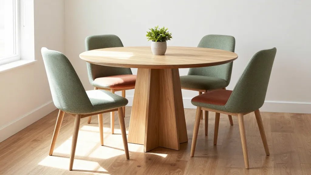 A modern round pedestal dining table with a sleek single central base in warm oak finish, photographed from a low three-quarter angle showing the spacious legroom underneath, with four mixed upholstered chairs in soft sage green and terracotta tucked around it, set in a compact contemporary dining nook with white walls, natural afternoon light streaming from a nearby window, hardwood flooring visible, and a small potted plant centerpiece on the table surface, demonstrating how the pedestal design maximizes floor space and seating flexibility in a small apartment setting