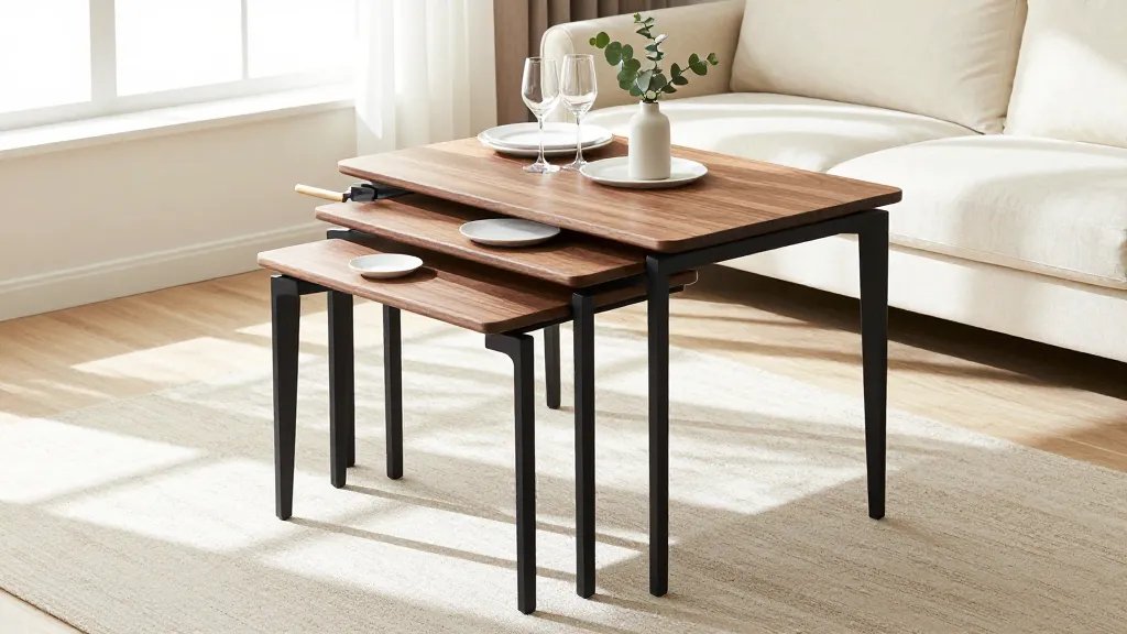 A modern living room photographed from a 45-degree angle showing a set of three sleek nesting tables in warm walnut and matte black finishes, with the largest table set up as a cozy dining surface for two with white plates and wine glasses, while the two smaller tables are pulled out displaying a serving platter and a small vase with fresh eucalyptus, natural afternoon sunlight streaming through nearby windows creating soft shadows, contemporary minimalist apartment setting with a cream-colored sofa visible in the background