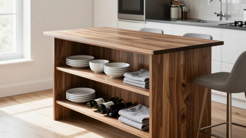 A modern counter-height dining table in rich walnut wood standing at 36 inches tall in a compact urban apartment kitchen, featuring open shelving underneath filled with white dishes, wine bottles stored horizontally, and neatly folded gray linen napkins, photographed from a three-quarter angle with two contemporary gray upholstered bar stools tucked underneath, natural morning light streaming through a nearby window creating soft shadows, clean Scandinavian-style interior with white walls and light hardwood floors, professional interior photography with shallow depth of field