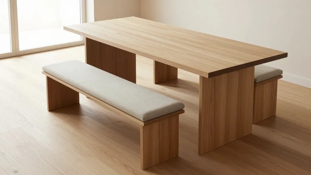 A modern minimalist dining area photographed from a 45-degree elevated angle showing a sleek wooden dining table with a recessed base design and two slim upholstered benches tucked completely underneath, leaving the floor space around the table completely clear and open, natural afternoon light streaming through nearby window, Scandinavian-style interior with light oak flooring, the benches flush against the underside of the table demonstrating maximum space efficiency, soft neutral color palette of beige and warm wood tones, realistic interior photography, shallow depth of field, professional architectural photography style