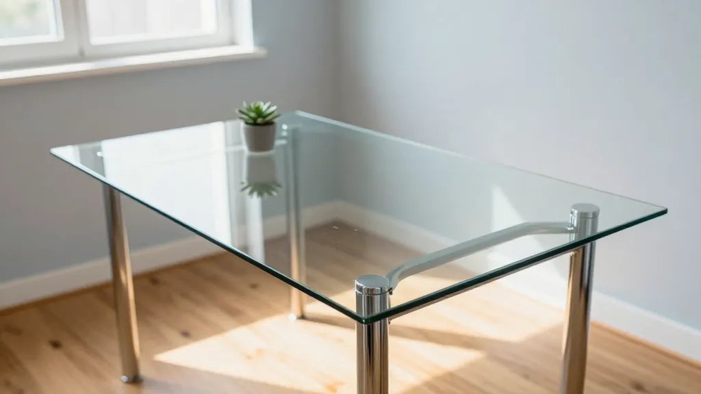 A modern dining area photographed from a 45-degree angle showing a sleek glass-top dining table with chrome legs in a compact apartment setting, natural sunlight streaming through nearby windows creating reflections and transparency through the clear tempered glass surface, light wooden flooring visible beneath the table emphasizing the see-through effect, two minimalist chairs tucked under the table, pale blue-gray walls in the background, a small potted succulent as the only table decoration, bright and airy atmosphere demonstrating how the transparent table creates an open spacious feeling in a small room, professional interior photography with shallow depth of field