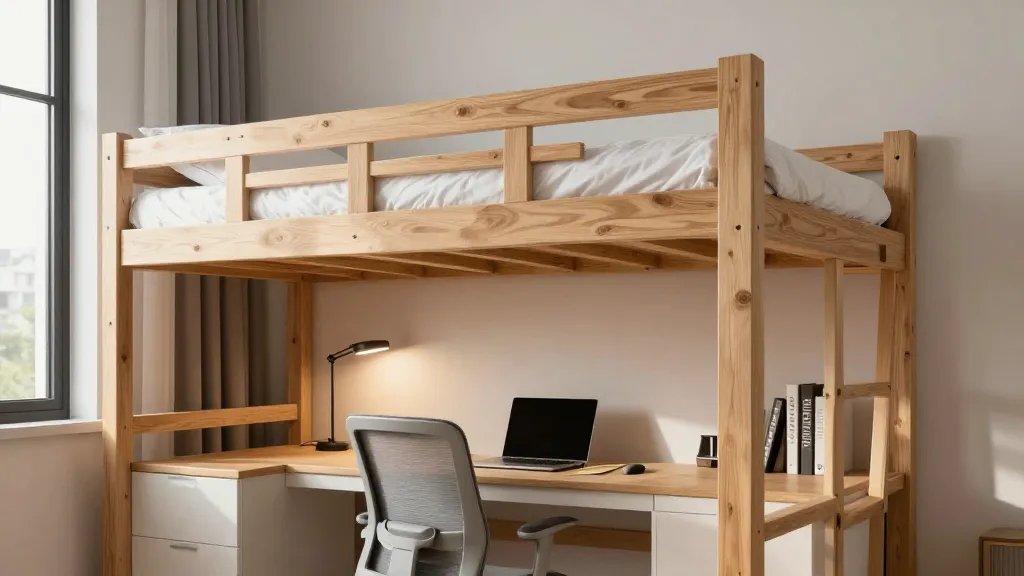 A modern studio apartment interior showing a sturdy wooden loft bed elevated 6 feet high with crisp white bedding on top, and directly underneath a well-lit compact home office workspace featuring a sleek desk with a laptop, ergonomic mesh office chair, small desk lamp, and organized office supplies, photographed from a 45-degree angle that captures both the elevated sleeping area and the cozy cave-like workspace below, with warm natural lighting streaming in from a nearby window, contemporary minimalist design with light oak wood tones and soft gray accents, realistic photo quality with sharp focus on the integrated dual-purpose furniture arrangement