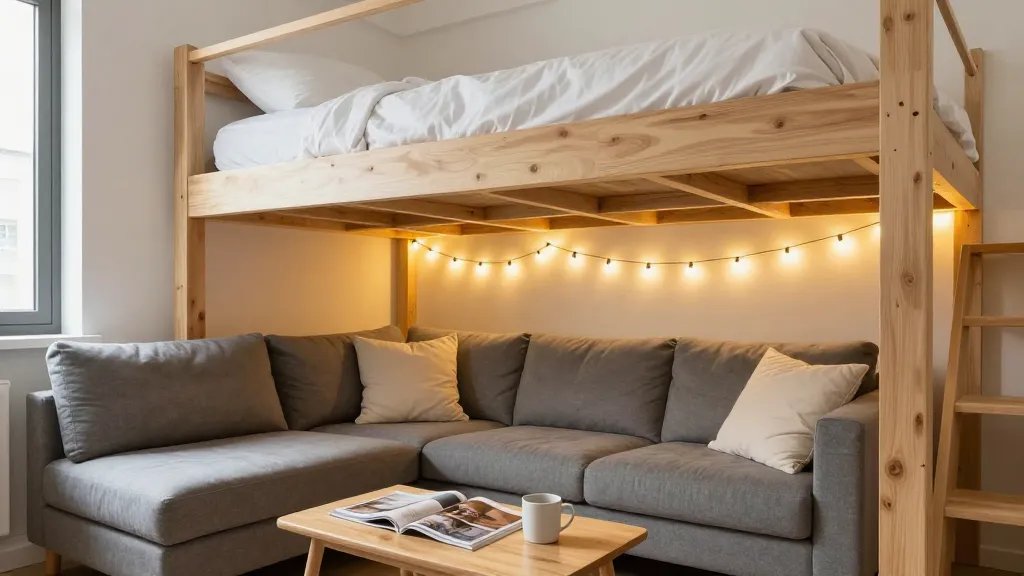 A modern studio apartment interior featuring a loft bed elevated above a cozy lounge area, with a plush gray sectional sofa positioned underneath the raised bed platform, warm ambient lighting from string lights creating a inviting atmosphere, a small wooden coffee table with magazines and a mug, soft cream-colored throw pillows scattered on the sofa, the loft bed visible above with white bedding, natural light streaming through a nearby window, contemporary minimalist design with light wooden bed frame supports, photographed from a low angle to showcase the vertical space-saving solution, cozy and functional living space aesthetic