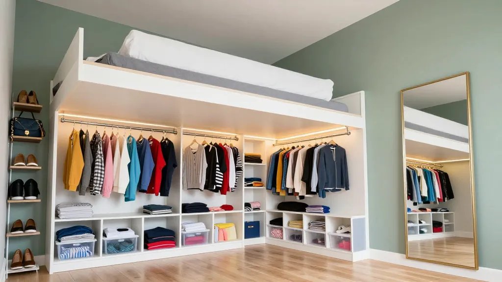 A bright, modern bedroom photograph taken from a low angle showing a sleek loft bed elevated above a fully organized walk-in closet space, with chrome clothing rods displaying colorful garments on hangers, white cube storage units filled with folded clothes and accessories, stackable clear organizers along the walls, a tall full-length mirror with a gold frame reflecting the organized space, warm LED strip lighting illuminating the closet area beneath, the loft bed positioned perpendicular to a sage green accent wall creating a natural alcove, light wood flooring, and hanging fabric shelves displaying shoes and bags, photographed in natural daylight with a professional interior design aesthetic